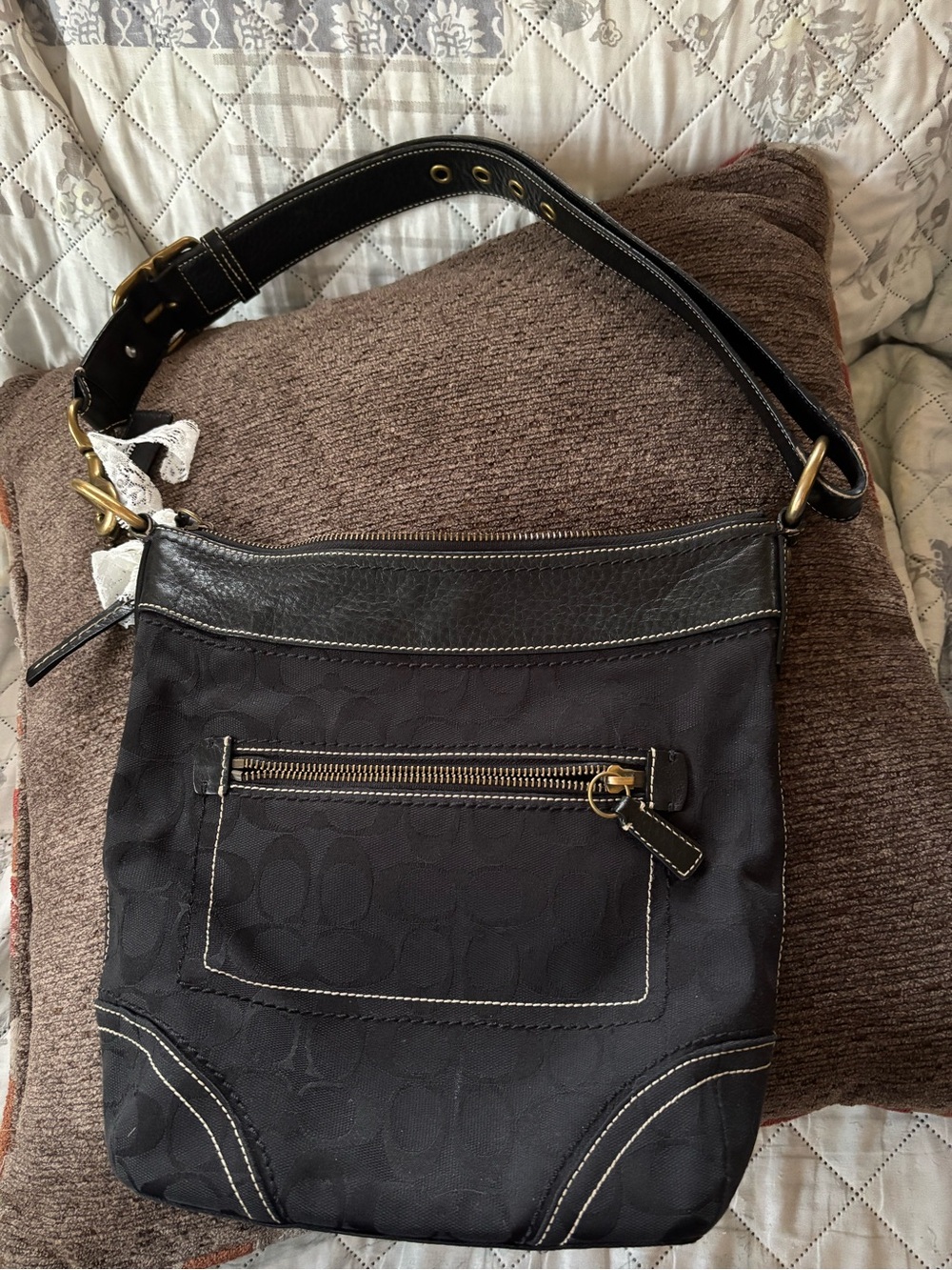 Coach Black Signature Canvas Shoulder Bag with Dark Leather Trim
